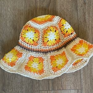 Steve Madden Boho Hippie Crochet Bucket Hat Granny Square Orange & Yellow